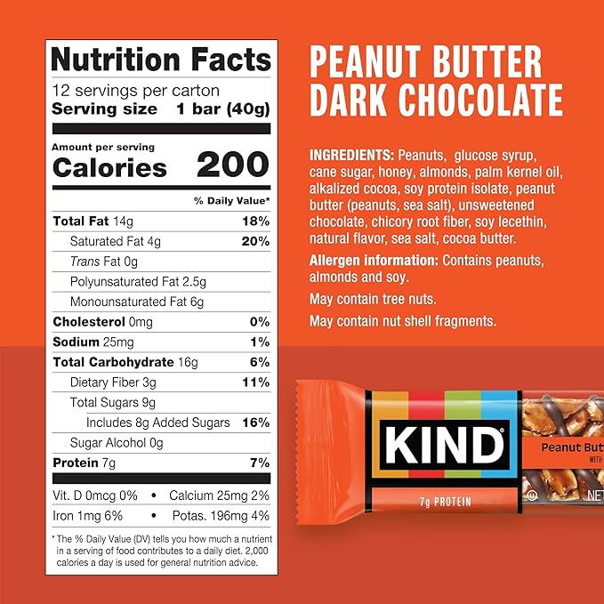 KIND Nut Bars, Peanut Butter Dark Chocolate, Healthy Snacks, Gluten Free, 8g Protein, 24 Count