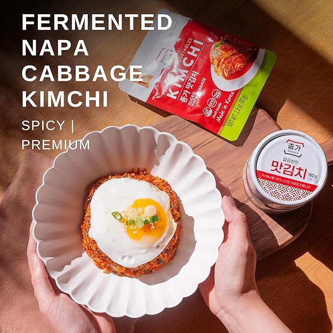 Spicy Premium Fermented Kimchi Napa Cabbage [ MINI Pouch Pack of 8] - [Extra Carrot (Mild)] – (Gluten Free / Vegan) | 0 Fat/ 0 Sugar/ 0 Cholesterol | Long Shelf Life | Perfect for Ramen & Stir-Fries - JONGGA
