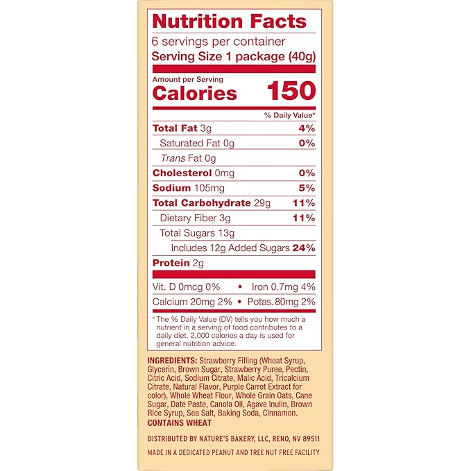Natureâ€™s Bakery Oatmeal Crumble Bars, Strawberry, Real Fruit, Vegan, Non-GMO, Breakfast bar, 6 Boxes With 6 Packs, 36 Count