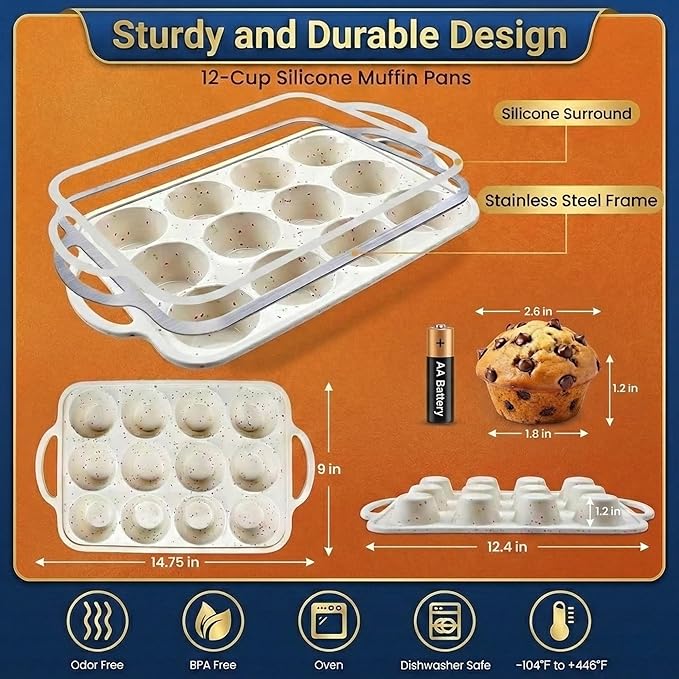 BAKE BOSS 1-Pack - Silicone Muffin Pan for Baking with Metal Reinforced Frame, 12 Cup Regular Size Cupcake Pan, BPA Free -Silicone Muffin Tray, Cupcake Baking Pan Molds for Oven Dishwasher Safe