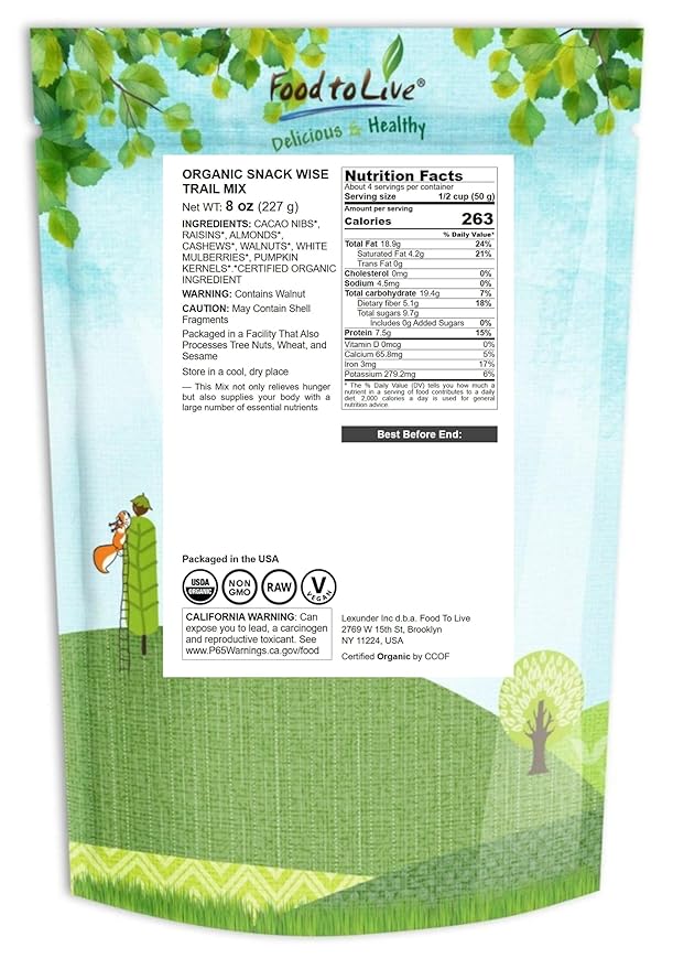 Food to Live Organic Snack Wise Trail Mix, 8 Ounces — Raw and Non-GMO Contains Cacao Nibs, Raisins, Almonds, Cashews, Walnuts, Mulberries, Pumpkin Seeds. Vegan Superfood, Kosher, No Added Sugar, Bulk