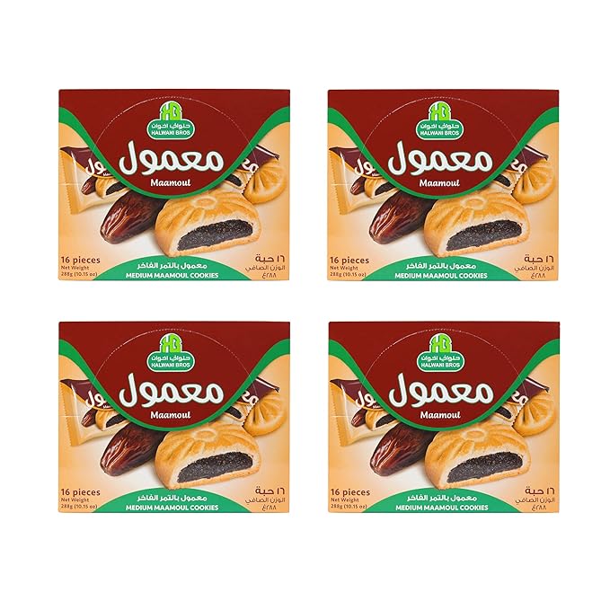 HB Halwani Bros Maamoul Cookies, 100% All Natural Date Filled Round Shortbread Cookies, No Preservatives, No Additives, 16 Medium Individually Wrapped Cookies (Pack of 4)