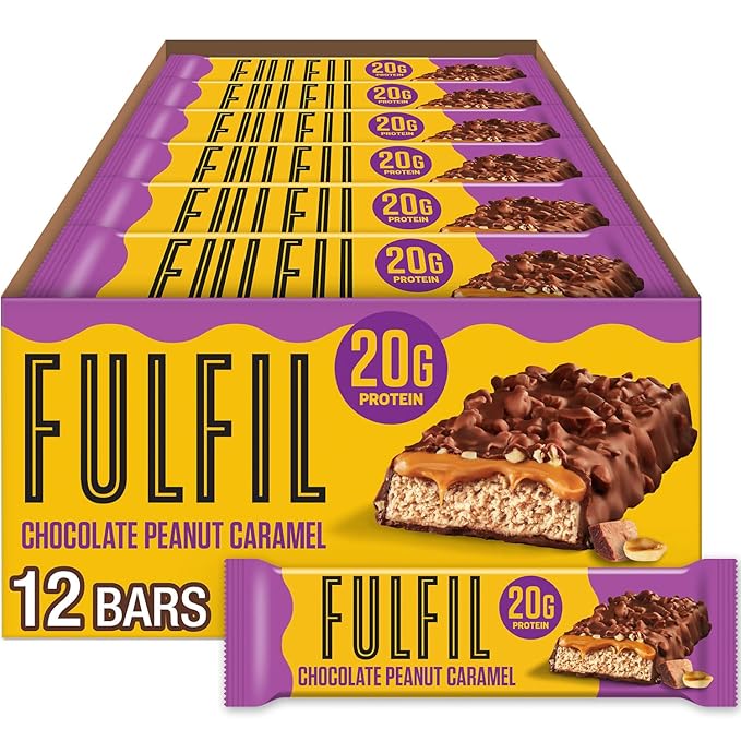 FULFIL Protein Bars, Chocolate Peanut Caramel Flavored, Gluten Free with 20g Protein, Pantry Staples, 12 Count