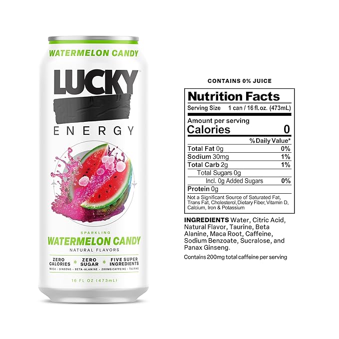 Lucky Energy Sugar Free Energy Drinks, Watermelon Candy, 16oz Cans (12-Pack) Healthy, Zero Sugar Energy Drink with Maca, Ginseng, Beta-Alanine, Taurine & 200mg Caffeine