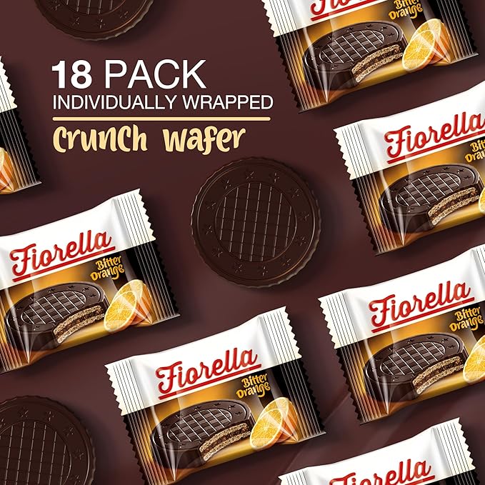 Fiorella Crunch Dark Chocolate Wafer Cookies, 18 Count, Chocolate Covered Crispy Thin Wafers with Layers of Orange Cream Filling, Individually Wrapped Snack Cookies, Bulk Chocolate Candy, 12.69 Oz