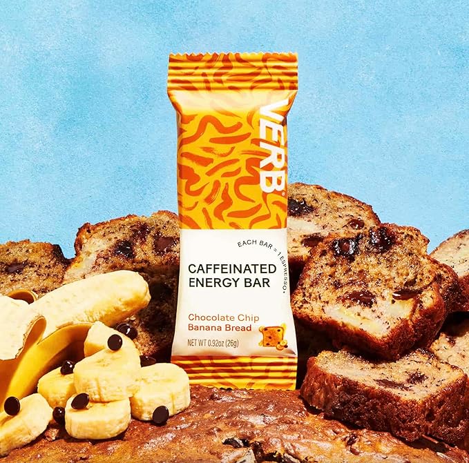 Verb Caffeinated Energy Bars Chocolate Chip Banana Bread (26g, Pack of 16) 110-Calorie Delicious Energy Bar, Gluten Free On-the Go Snack with 80mg Green Tea Caffeine, Only Real-Food Ingredients