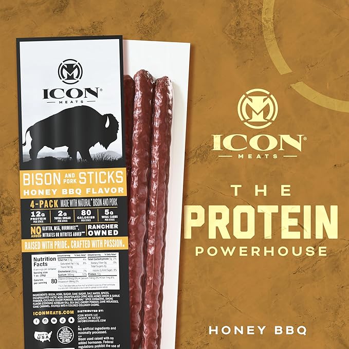 ICON Meats Bison and Pork Snack Sticks, Honey BBQ, 6 Pack High Protein Snacks, 4 Meat Sticks per Pack, Low Sugar, Gluten Free, Natural, USDA Inspected, Made in the USA, Gifts & Stocking Stuffers