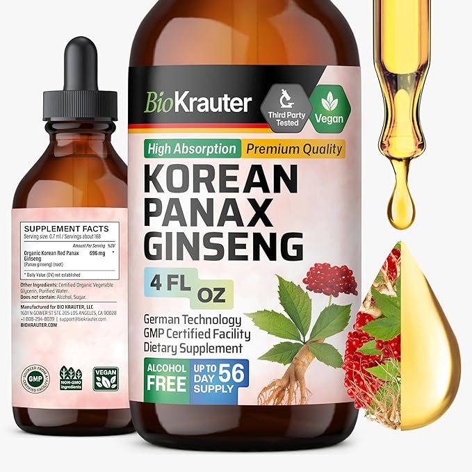 BIO KRAUTER® Ginseng Supplement - Pure Vegan Liquid Drops Korean Red Ginseng 696 mg per Serving 4 Fl.Oz 56-Day Supply - Used for Energy, Focus, Performance & Immune Support - Alcohol & Sugar Free