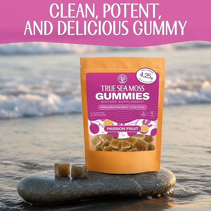 True Sea Moss Gummies – High Potency 4250mg Wildcrafted Irish Sea Moss Gel Extract per Serving + Passion Fruit Flavor – With Coconut Sugar & Real Fruit Purée – 30 Gummies (30 Servings)