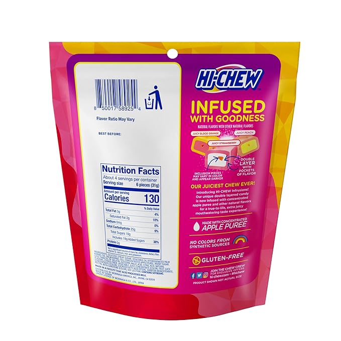 HI-CHEW Infrusions Blood Orange, Stawberry, Peach, 7 Mini Stand Up Pouches, 4.24oz each - Fun Soft & Chewy Candy - Immensely Juicy Fruity Flavors - Individually Wrapped Sharing Candy