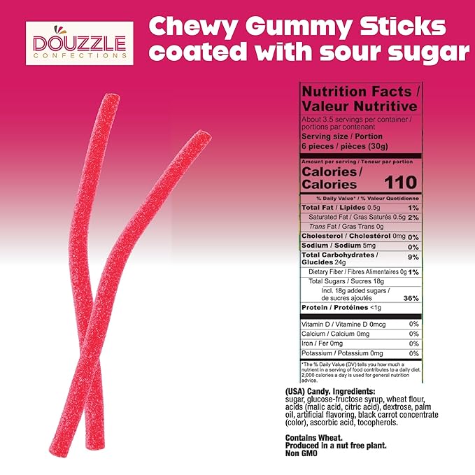 DOUzzle Valentines Day Sweet Treats, Sour Sticks Chewy Candy Straws Wild Cherry (3.5 OZ - 1 Pack) Goodie Bag Stuffer, Pinata Filler - Kosher Parve