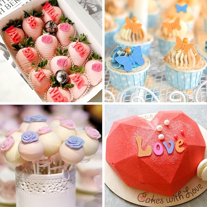 CLUEWR 5 PCS Silicone Letter Molds, Non-Stick Number Rose Flower Butterfly Fondant Molds for Chocolate, Candy, Cake Decoration, Cupcake Topper
