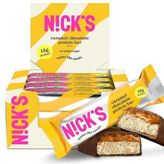 Nick’s Protein Bars Chocolate Caramel – 12-Count Box | Protein-Packed Snack, Low Calories, Low Carbs, Keto Friendly, No Added Sugar (12 bars x 50g)