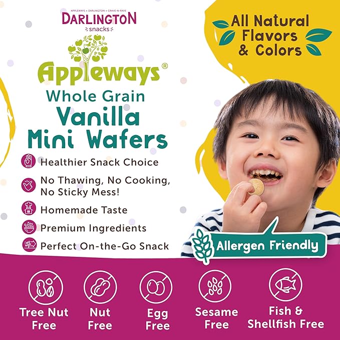 Appleways Mini Vanilla Wafers Cookies, 1.0 Oz Each, 108 Count, Vanilla Wafers Individual Packs, Nut-Free Mini Cookies, All-Natural Whole Grain Snack, Made in USA