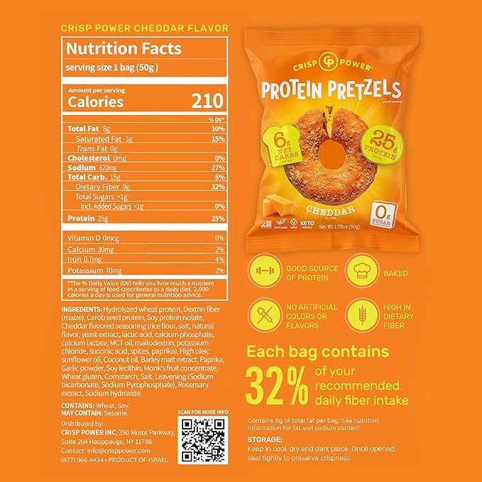 Crisp Power Protein Pretzels, NEW Cheddar, High Protein Snack, 25G Protein, Low Carb Crunchy Pretzel Snacks, No Added Sugar, 1.75 oz Bags, 6 Pack, Vegan, Plant-Based, Keto