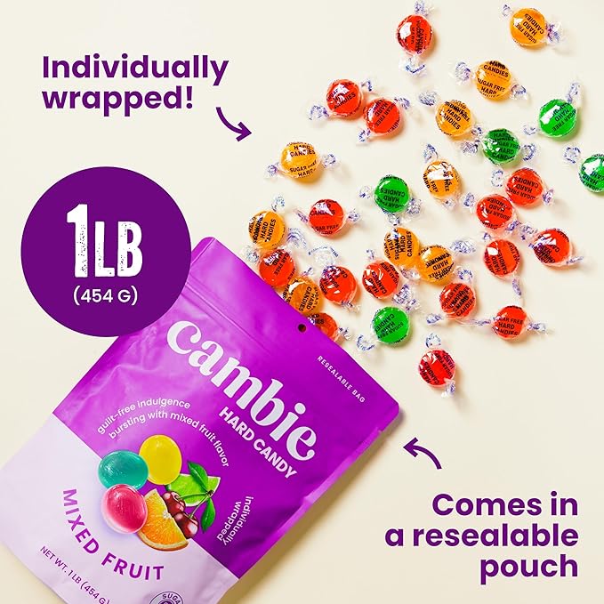 Cambie Sugar Free Hard Candy, 1 lb of Sugar Free Candy Individually Wrapped, Mixed Fruit