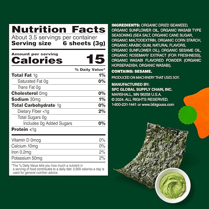 Bibigo Wasabi Flavor Seaweed Snack, Non GMO, Gluten Free, 0.35 Ounces (Pack Of 12)
