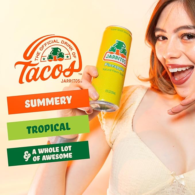 Jarritos - Mexican Soda Soft Drinks, Pineapple (12 oz, 355ml) 24 Cans (3 Boxes of 8) - Real Cane Sugar - 0g Fat - Made in Mexico - Natural Flavor Soda Pop - Party & BBQ Beverages