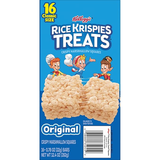 Rice Krispies Treats Crispy Marshmallow Squares, Kids Snacks, Snack Bars, Original, 12.4oz Box (16 Bars) (Pack of 2)