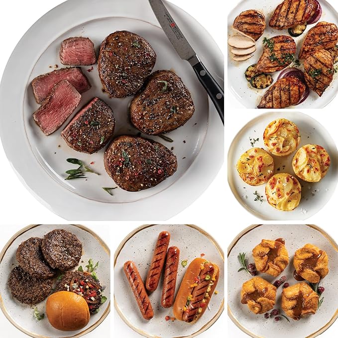 Omaha Steaks Classic Gift Pack (4 Butcher's Cut Filet Mignons, 4 Air-Chilled Boneless Chicken Breasts, 4 PureGround Filet Mignon Burgers, Fully Cooked Meatballs, 4 Gourmet Jumbo Franks, 4 Individual Scalloped Potatoes, 4 Caramel Apple Tartlets, 1 jar O...