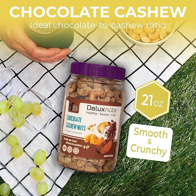 DELUXNUTS Premium Roasted Chocolate Covered Cashew Crunch 21oz | Cocoa Dusted & Chocolate Cashews Gift, Whole Cashew Nuts Snack Mix, Healthy Gourmet Snack for Adults, High Protein, Gluten-Free, Premium Holiday Gift Idea