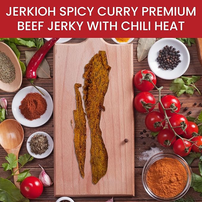 Jerkioh Spicy Curry Premium Beef Jerky – Authentic Vietnamese Street Food Flavor | High-Protein, Low-Fat Beef Snack | Tender Gourmet Strips with Bold Chili Heat | Healthy On-the-Go Protein Snack Pack (5oz)
