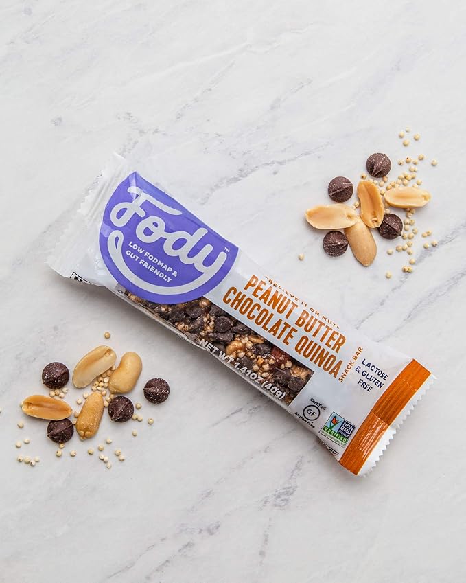 Fody Foods Snack Bars, Peanut Butter Chocolate Quinoa, 1.41 Oz (Pack of 6), 6g Protein, Low FODMAP, Gut & IBS Friendly, Vegan, Lactose Free, Non-GMO, Gluten Free
