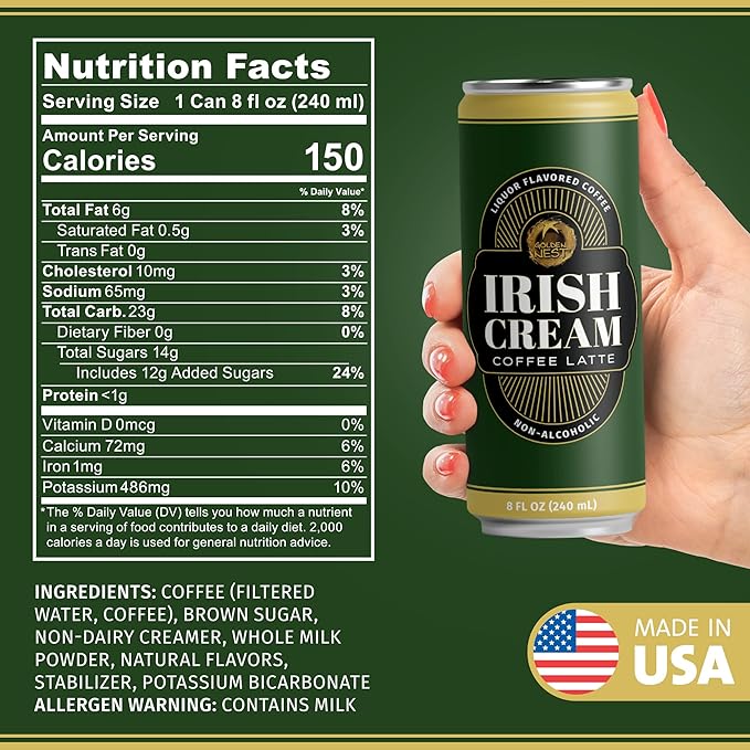 Golden Nest Liquor-Flavored Coffee Latte | Ready to Drink Liquor-Inspired Non-Alcoholic Creamy Beverage | All Natural No Preservatives | 8 Fl Oz Can (Irish Cream, 8 Fl Oz (Pack of 12))