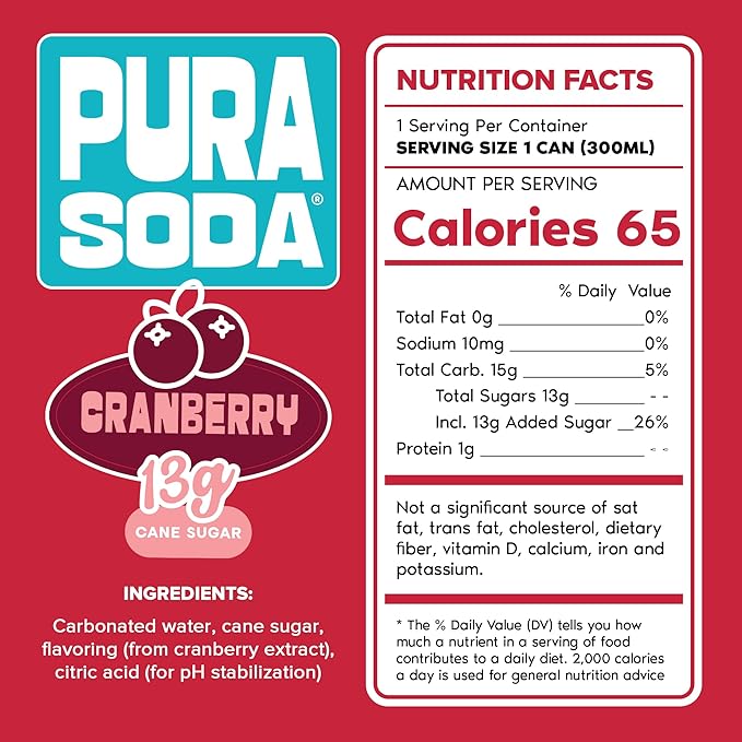 PuraSoda® Cranberry | Low-Calorie, Cane Sugar Soda Beverage | Non-GMO, Vegan | Made with Pure Cane Sugar, Clean & Refreshing | 10.1 fl oz (300ml) Cans, Pack of 24