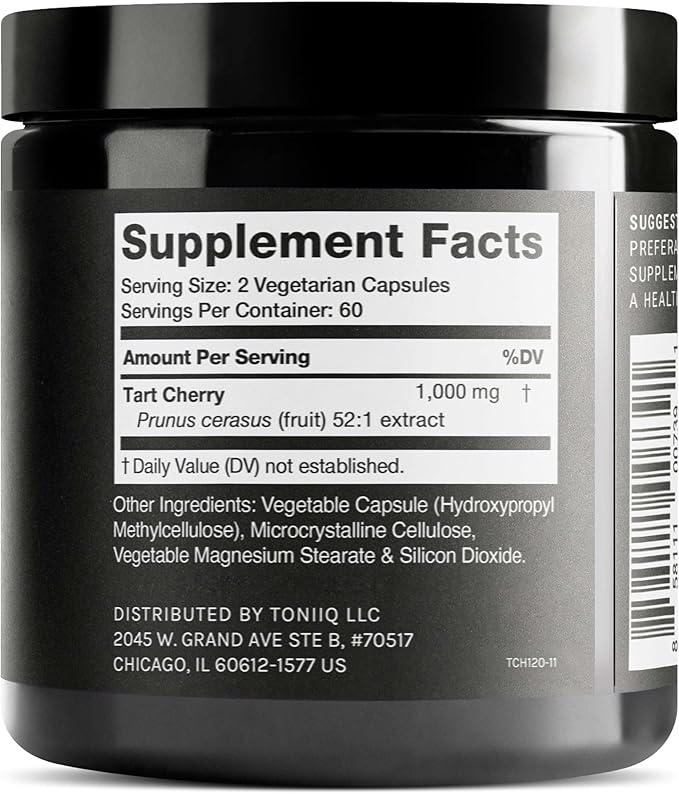 Toniiq Tart Cherry Capsules - Ultra High Potency 52:1 Extract - Highly Concentrated - Third-Party Lab Tested for Purity & Quality - 120 Capsules