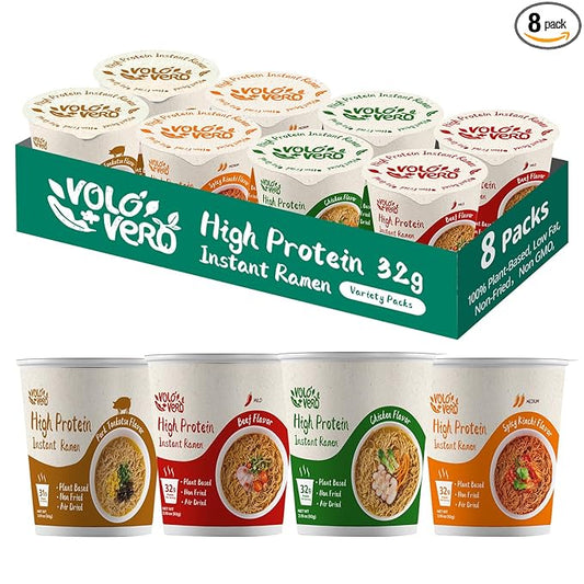 VOLO VERO High Protein (32g) Ramen Instant Noodles Cup, 8 Count, Variety Pack - Chicken, Pork Tonkotsu, Spicy Beef, Kimchi - Plant-Based, Vegan, Non-Fried, Low Fat, Non-GMO, Healthy Quick Meal