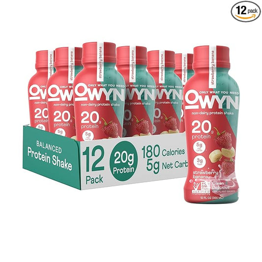 OWYN Only What You Need Strawberry Banana Flavored Protein Shake Liquid, 20g Protein, 4g Sugar, 3g Fiber, Dairy-Free, Plant-Based Protein Drink, 12 Count
