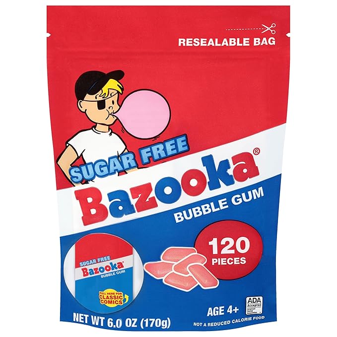 Bazooka New Sugar-Free Bulk Bubble Gum Pellets, Resealable Candy Bag for Sharing, Parties, Vintage Themes & More - Original Flavor, 120 Count Bag