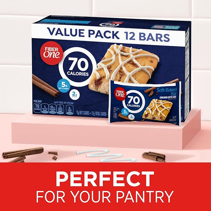 Fiber One 70 Calorie Soft-Baked Bars, Cinnamon Coffee Cake, Value Pack, 12 Bars, 10.6 oz (Pack of 4)