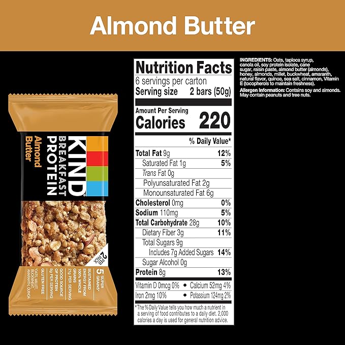 KIND Breakfast Protein Bars, Almond Butter, Healthy Snacks, Gluten Free, 8g Protein, 30 Count