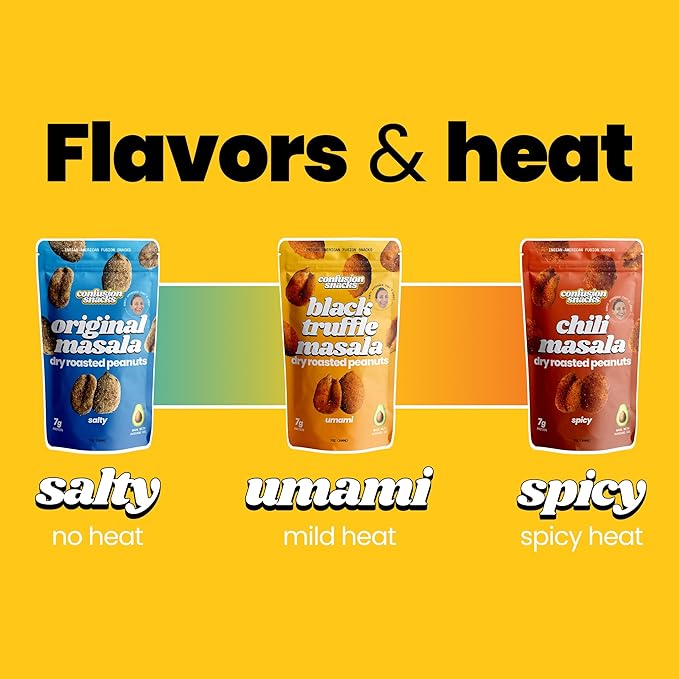 Confusion Snacks Indian Flavored Roasted Peanuts Variety Pack – Spicy Chili, Truffle and Salted Flavors, Gluten Free, High Protein and Seed Oil Free Healthy Snack | 3-Pack