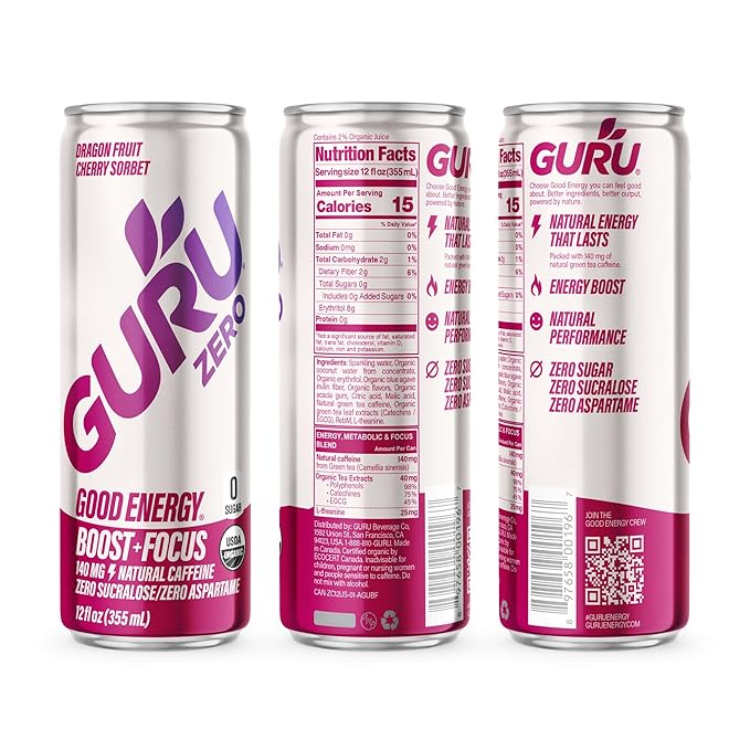 GURU ZERO SUGAR Dragon Fruit Cherry Sorbet Organic Energy Drink with Plant Based Natural Caffeine from Green Tea, Coconut Water, Prebiotic, Zero Added Sugars, Gluten Free & Vegan, Pre Workout, 140MG Caffeine, 12 Oz (Pack of 24)