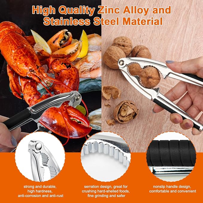 Anglekai Nut Crackers, 8Pcs Multi-Purpose Stainless Steel Seafood Pecan Cracker, Non-slip Handle Walnut Cracking Tools (Black)