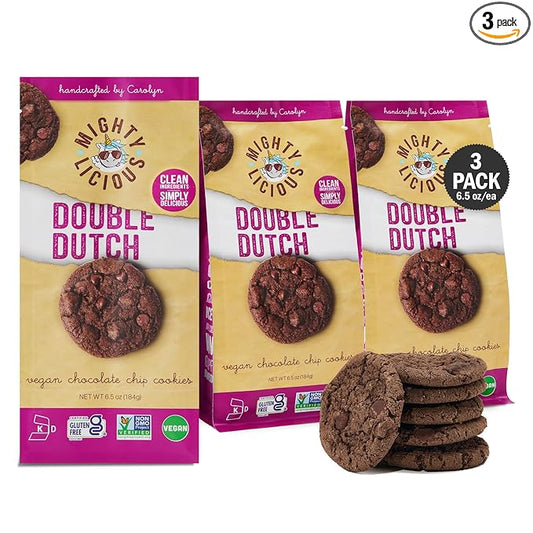 MIGHTYLICIOUS Vegan Double Dutch Chocolate Chip Cookies – Gluten-Free, Allergen Friendly, Kosher, Preservative-Free – Snack Option for a Guilt-Free Treat - 6.5 Oz (3 Pack)