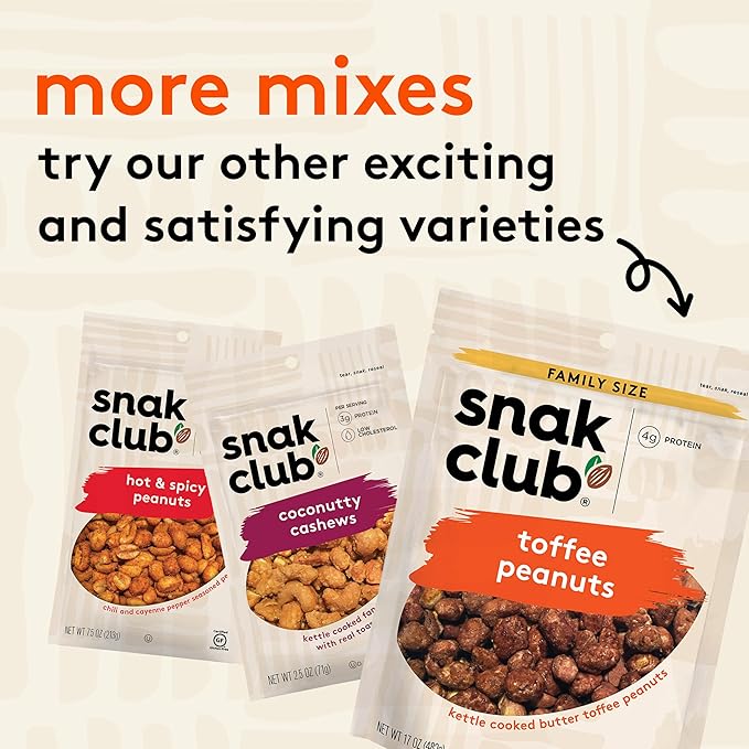 Snak Club Toffee Peanuts, Candied Peanuts with Praline Coat and Sweet Cream, Gluten-Free and Kosher Snack, 7.5 oz Resealable Bags, 6 Pack