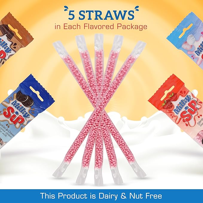 20 Milky Sip Flavored Straws for Milk - 4 Packs of Milk Flavoring Straws, 5 Each Chocolate, Strawberry, Cotton Candy, Cookies & Cream. Magical Flavor Makes Children Eager and Love to Drink Milk
