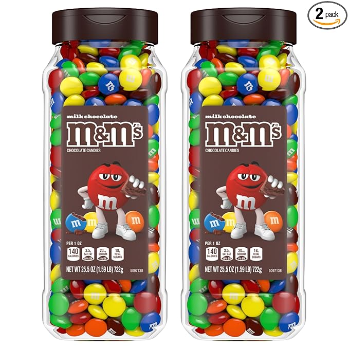 M&M's Milk Chocolate Bulk Candy in Resealable and Recyclable Jars, Party Size Assorted Chocolate Candies, Movie Night Snacks, Candy Buffet, 25.5 Oz Each (Pack of 2)