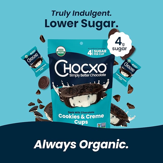 Chocxo Dark Milk Chocolate Cookies & Crème Cups - Lower Sugar, 69% Organic Cacao, NonGMO, Keto, Gluten Free, Kosher, No Artificial Sweeteners/Sugar Alcohols, 3.45 oz (Pack of 6)