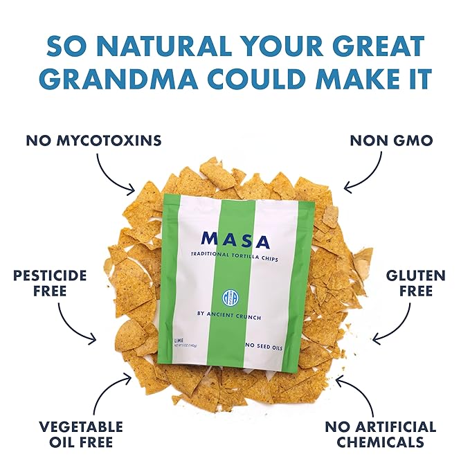MASA Chips - Lime Flavored Tortilla Chips, Handmade Corn Chips & Crisps - Naturally Grown White Corn, Made with Grass Fed Tallow & Sea Salt - 6 Pack, 5 Ounce Each