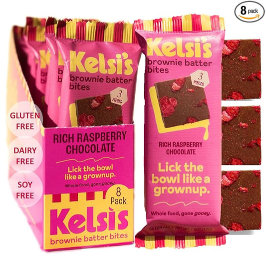 Kelsi's Rich Raspberry Chocolate Brownie Batter Bites, 8 Pack - Whole Ingredients, Healthy Brownie Bites, Dairy Free, Gluten Free, Soy Free Chocolate, Zero Refined Sugar, Paleo, Minimally Processed, Healthy Snack Alternative for Adults & Kids