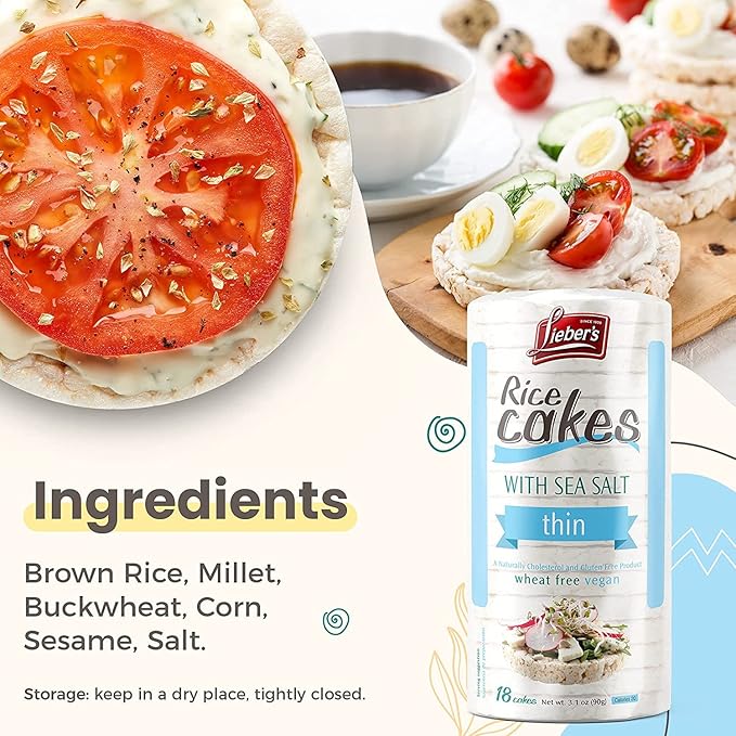 Lieber's Thin Rice Cakes, Kosher Certified Snack, Dairy Free, Wheat Free, Gluten Free, And Vegan options (Sea Salt 6 Pack)