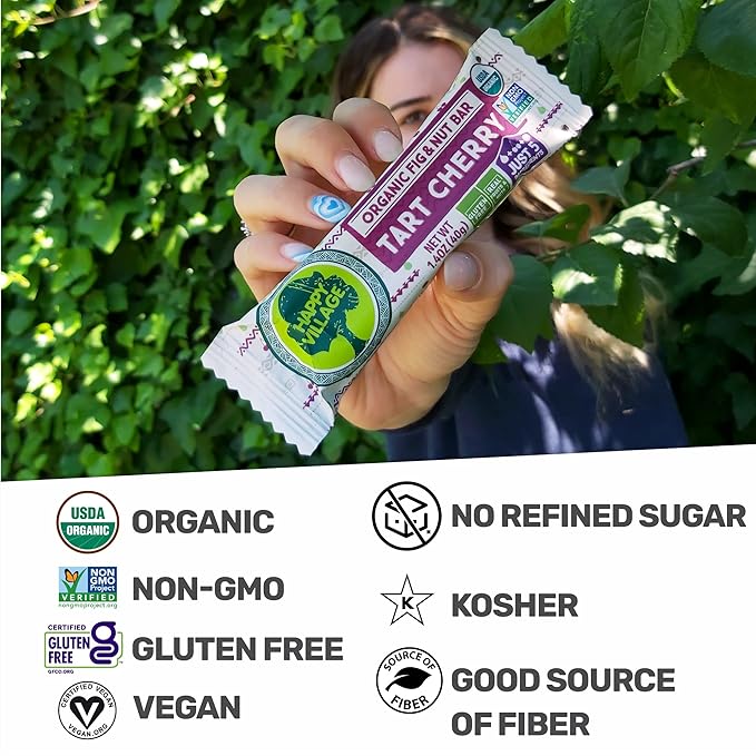 Happy Village Organic Fruit & Nut Bar, TART CHERRY | Gluten Free, No Refined Sugar, Kosher, Non-GMO, Vegan, Good Source of Fiber | Organic Healthy Snack Bars (16 bars, 1.4 OZ each)