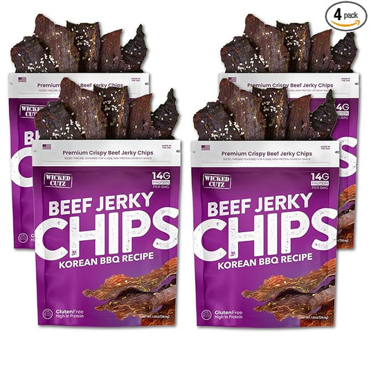 Wicked Cutz Korean BBQ Beef Jerky Chips, 14g Protein per Bag, Crispy & Crunchy Beef Jerky Crisps, USA Made Barbeque Flavored Chips, High Protein Carnivore Snacks (4 Bags)
