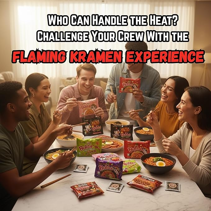 NSPARK FLAMING KRAMEN Spicy Ramen Variety Pack (10 Packs) | 5 Famous Flavors & (10) Sesame Seaweed Topper | (10 Individual Wrap Heavy Fork) Ultimate Korean Style Spicy Noodle Challenge 30 Item Count | Asian Instant Ramen Student Care Package Bundle