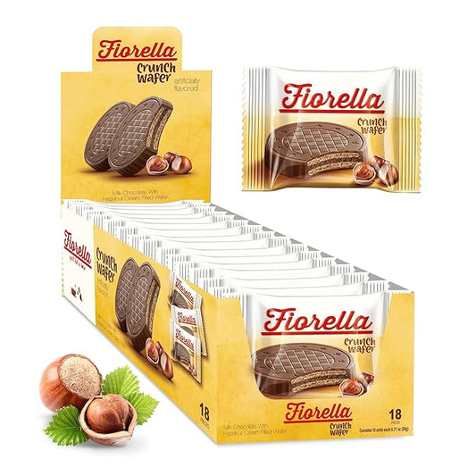 Fiorella Crunch Wafer Cookies - Delicious Chocolate Covered Crispy Thin Wafers with Layers of Hazelnut Cream Filling, Individually Wrapped, Perfect for Snacks, (Pack of 18)